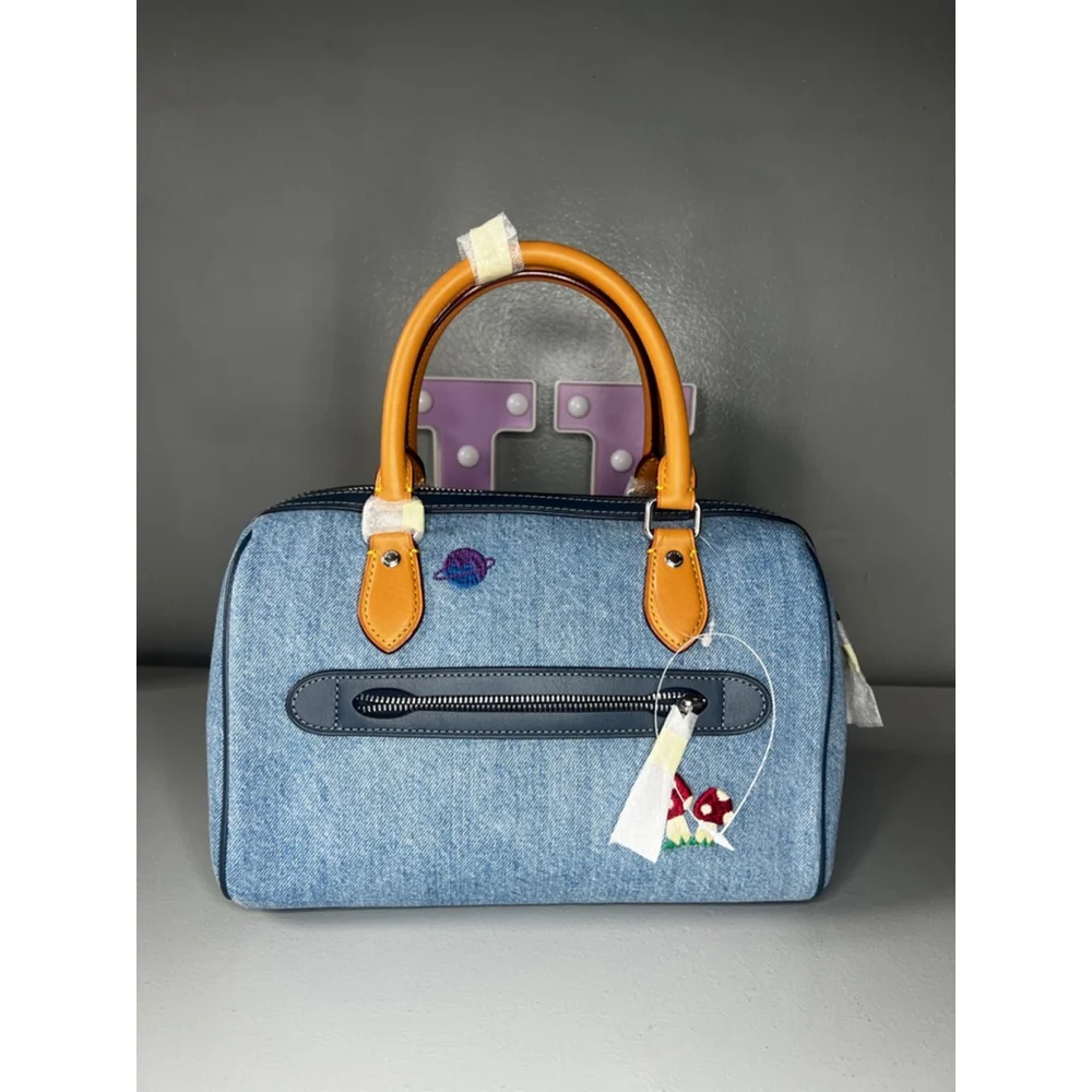 Rowan Satchel Bag In Signature Denim With Patches International Exclusive